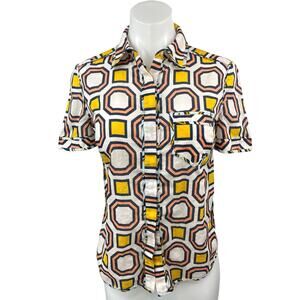 Tory Burch Yellow Multicolor Geometric Short Sleeve Button Down Shirt Top Sz 2